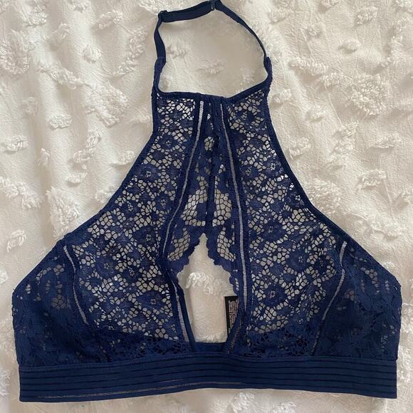 Victoria's Secret Keyhole Bralette Lace High Neck Size Medium Wireless Sexy Blue - Picture 3 of 4
